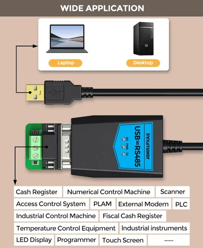 Vista 3 de innomaker Industrial USB 2.0 a RS485 Convertidor Adaptador basado en FTDI FTDI FT230 Chip Integrado Protección ESD Soporte Windows 11,10,8 XP Mac