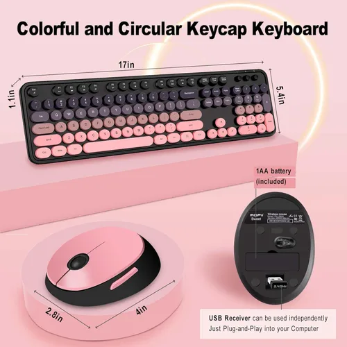 Vista 6 de Kootop - Combo de teclado y mouse inalámbrico, teclado retro colorido lindo con 104 teclas, teclas redondas estilo máquina de escribir para PC