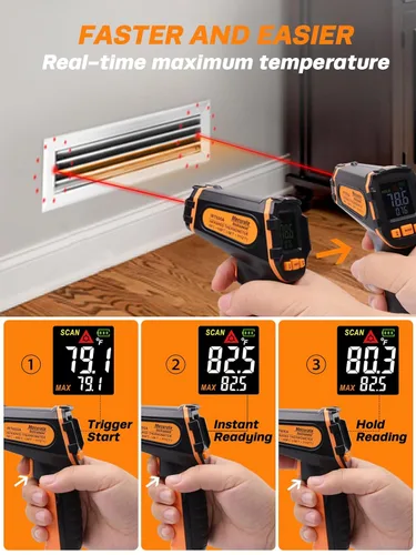 Vista 4 de Mecurate Pistola de termómetro infrarrojo de -58 °F a 1112 °F, pistola de temperatura láser con emisividad ajustable, máximo/min/retención