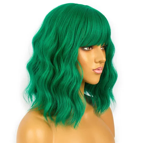 Vista 4 de Pelucas cortas estilo Bob con flequillo para mujer, peluca ondulada suelta rizada ondulada longitud al hombro, peluca sintética estilo Bob para Verde