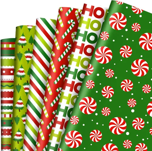 12 hojas de papel de regalo de Navidad rojo y verde con rayas de caramelo, papel de regalo a granel, papel de manualidades plano plegado a granel