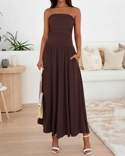 Vista 7 de BTFBM Vestidos largos de verano para mujer, vestido sin tirantes Marrón