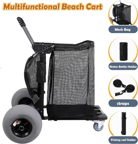 Vista 3 de Carrito de playa Carro de pesca plegable con ruedas de globo de 12 pulgadas para arena todo terreno