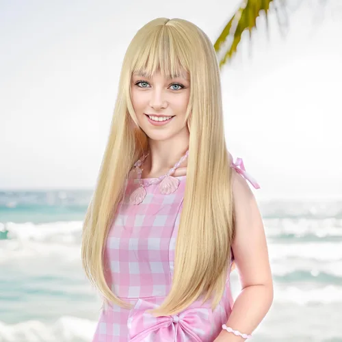 Vista 2 de Peluca rubia con flequillo, peluca larga rubia para cosplay, peluca recta para disfraz de Halloween para mujeres