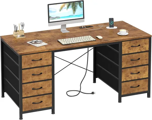 Vista 13 de Escritorio para computadora de 50 pulgadas con 8 cajones, escritorio para oficina en casa con tomas de corriente, escritorio de trabajo, estudio