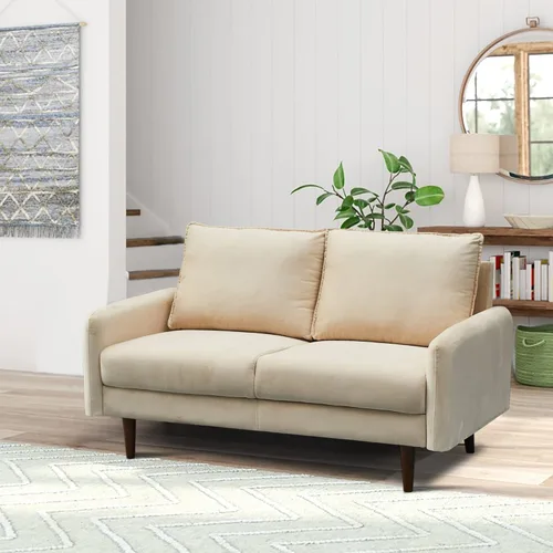Vista 22 de INSTORY Sofá de terciopelo Sofá moderno de mediados de siglo con patas de madera para sala de estar - Beige