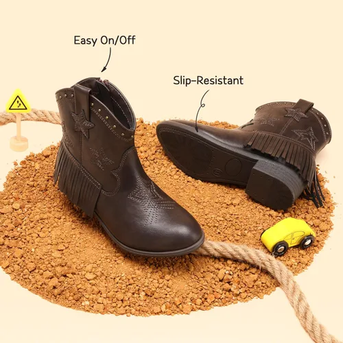 Vista 3 de DREAM PAIRS Botas vaqueras para niñas, estilo vaquero, con cremallera lateral, con borla, para niños pequeños y grandes
