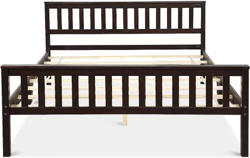 Vista 8 de Giantex Base de cama de plataforma Queen, marco de cama de madera maciza de lujo con cabecero y estribo, base de colchón de soporte de listones