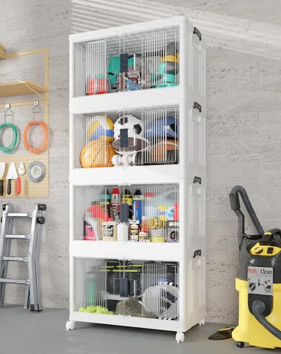 Vista 14 de OlarHike 76QT - Contenedores de almacenamiento apilables con tapas, caja de almacenamiento plegable con puertas y ruedas, contenedores de plástico