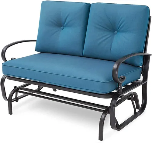 Banco de Patio, Columpio Deslizante de Porche Sofá de Dos Plazas Mecedora para Exteriores, Silla de Marco de Acero con Cojín Grueso (Azul Pavo Real)