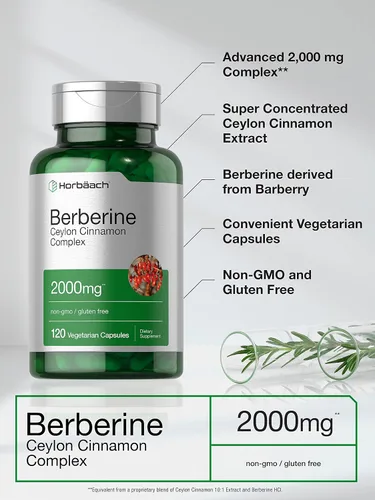 Vista 3 de Horbaach Berberine Plus Canela de Ceilán 2000 mg 120 cápsulas vegetales Suplemento vegetariano, sin OMG y sin gluten Complejo de berberina