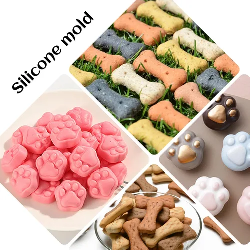 Vista 4 de 2 piezas de moldes de silicona mini, molde de hueso de perro de 106 cavidades + molde de huella de 69 cavidades para hornear galletas, cookies