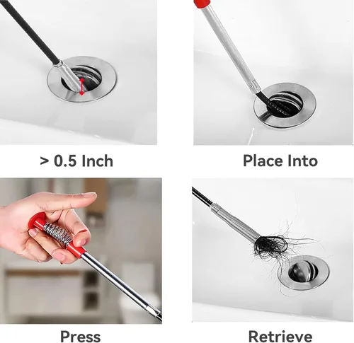 Vista 3 de Removedor de obstrucciones de drenaje de 33 pulgadas con serpiente flexible, herramienta de agarre con garra para cabello, tubería y fregadero