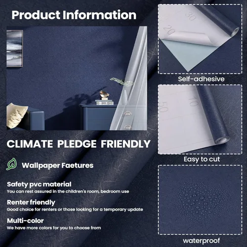 Vista 2 de Rollo de papel tapiz azul oscuro para despegar y pegar, papel autoadhesivo extraíble e impermeable, de seda, para niños, envoltura de vinilo