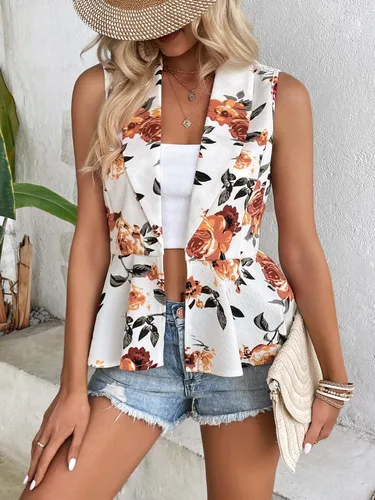 Vista 4 de Floerns Blazer sin mangas con estampado floral y cuello de chal y dobladillo con volantes para mujer