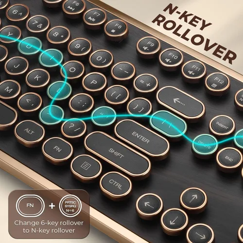 Vista 4 de GLENCREAG RK104 - Teclado mecánico retro, 104 teclas de tamaño completo con cable con teclas redondas de máquina de escribir, grano de madera, rollo