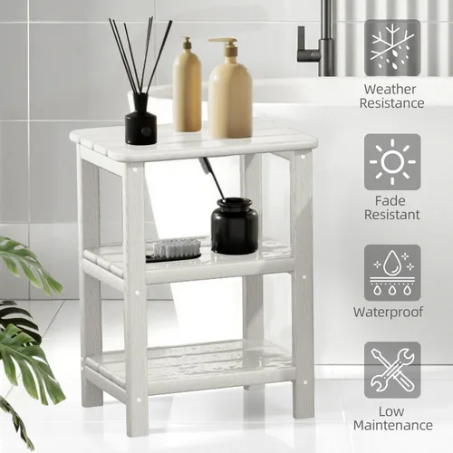 Vista 4 de Mesa de centro HDPE de 3 niveles para exteriores con almacenamiento para espacios pequeños, patio, jardín y piscina (retro, blanco)