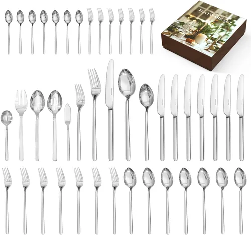 Vista 15 de KINGSTONE Juego de cubiertos de 48 piezas con cuchillos para carne, juego de cubiertos para 8, juego de cubiertos de acero inoxidable para mesa