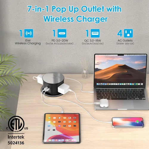 Vista 2 de Toma de corriente desplegable con cargador inalámbrico de 15 W, 4 salidas de CA y PD de 20 W USB de carga rápida, orificio de escritorio de 4.75