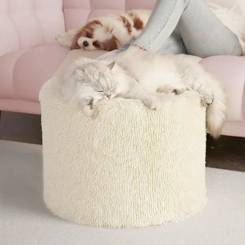 Hansleep Puf otomano redondo relleno de espuma de 17 x 14 pulgadas, reposapiés otomano redondo de piel sintética para silla con funda lavable, Beige