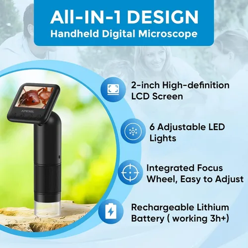 Vista 2 de APEXEL Microscopio digital de mano 800X con pantalla LCD de 2 pulgadas, microscopio portátil de bolsillo para niños con luces LED ajustables