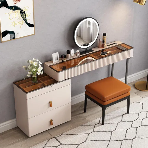 Lartis Tocador de Maquillaje, Juego de Tocador Extensible, Mesa de Tocador, Súper Almacenamiento, Espejo de Tocador Iluminado con LED con Madera de