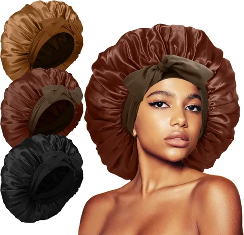 Vista 17 de 3 gorros para dormir, gorro de seda extra satinado para mujeres que duermen con banda de amarre para cabello rizado, trenzas de capó jumbo