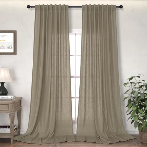 Vista 40 de Cortinas de lino crema de 102 pulgadas de largo para sala de estar, dormitorio, 2 paneles con bolsillo con pestaña trasera, filtro de luz, cortina