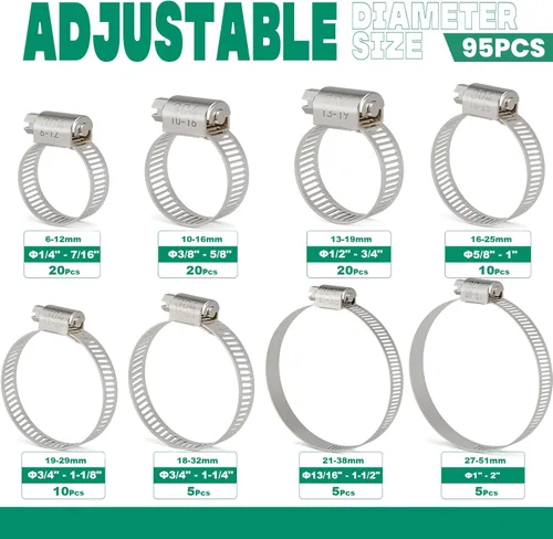 Vista 10 de OURU - Juego de 24 abrazaderas de manguera de acero inoxidable ajustables de 1/2"– 3/4" (13-19mm) con engranaje sinfín, abrazaderas de manguera