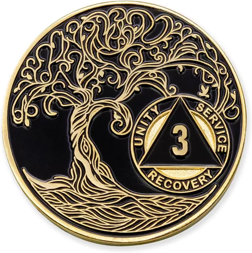 Vista 259 de 1 año Sobriety Mint Twisted Tree of Life Medallón de recuperación AA chapado en oro, chip/ficha - negro
