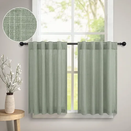 Vista 9 de DANCURTON Cortinas de cocina y cafetería de 24 pulgadas de largo, 2 paneles con pestaña trasera y bolsillo, cortinas cortas de lino con filtrado