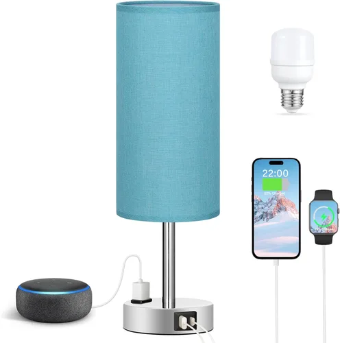 Vista 6 de Fenmzee Lámpara de mesa de noche turquesa para dormitorio, lámpara táctil regulable de 3 vías, puertos de carga USB A y C y salida de CA, lámpara