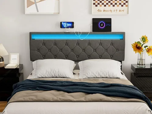 Vista 3 de IKIFLY Cabecera tapizada de tamaño matrimonial con luces LED y 2 puertos USB, altura ajustable, cabecera acolchada de tela de lino con botones