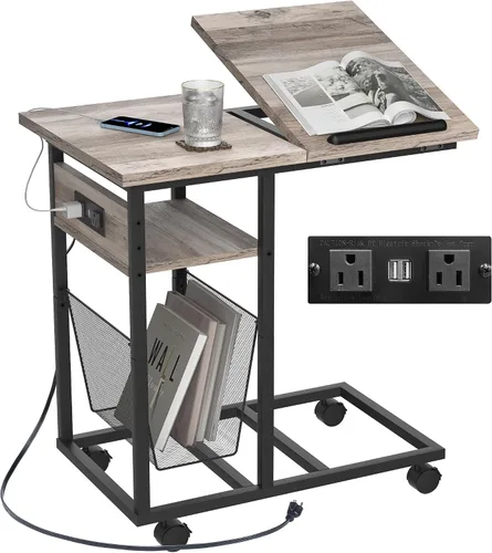 Vista 8 de FLYJOE Mesa auxiliar estrecha con revistero de piel sintética, estilo rústico, delgado, para sala de estar, dormitorio, sofá, color negro