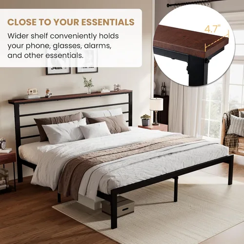 Vista 3 de SHA CERLIN Base de cama tamaño King con estante de cabecera y base de metal resistente, no necesita somier, color marrón