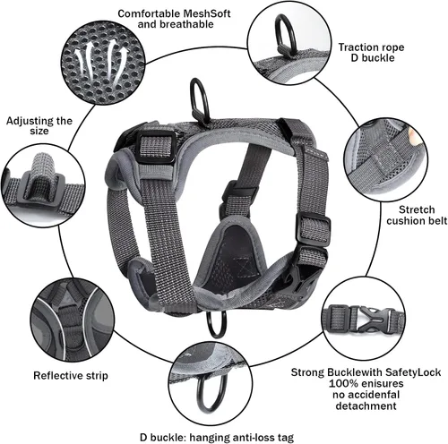 Vista 2 de Dog Harness Adjustable Reflective Oxford Easy Control Medium Large Dog Harness with A Free Heavy Duty 59ft Dog Leash (Grey, (M