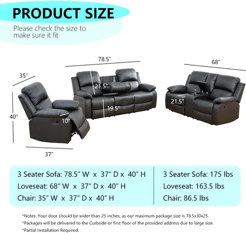 Vista 2 de Juego de sofá reclinable manual de cuero, juego de sofá reclinable negro, juego de muebles de sala de estar, sofá biplaza reclinable