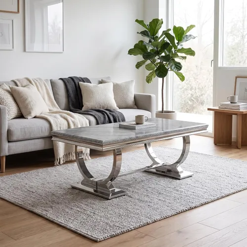 Vista 7 de Asday - Mesa auxiliar de 48 pulgadas con aspecto Glam Stone, borde protector, base en U plateada