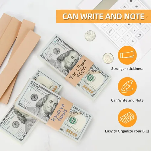 Vista 3 de PONNOR Paquete de 550 bandas de dinero en blanco natural kraft marrón para efectivo, correas autoadhesivas para monedas, para envoltorios