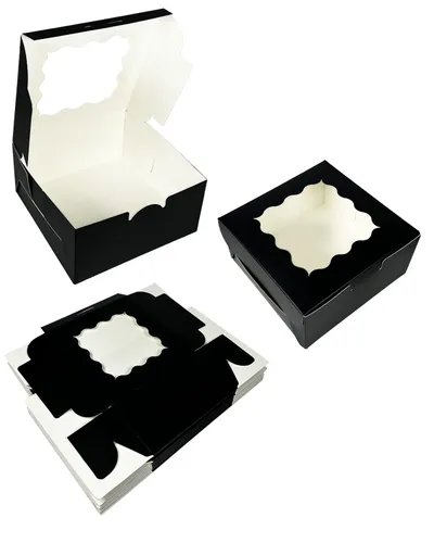 Vista 3 de Bakepacker 100 piezas Cajas Negras para Galletas 6x6x3 pulgadas Fácil Montaje Cajas de Pastelería Macarrones Cajas de Panadería con Ventana