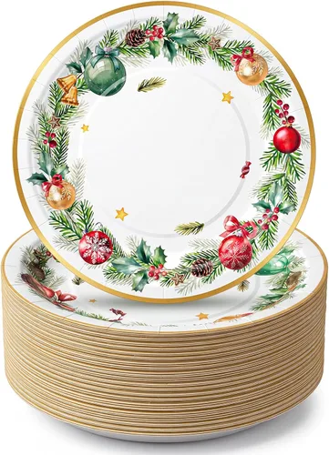 Vista 22 de Shellwei 100 platos de papel de Navidad de 7 pulgadas, platos de fiesta de Navidad a granel desechables para suministros de fiesta de Navidad Como