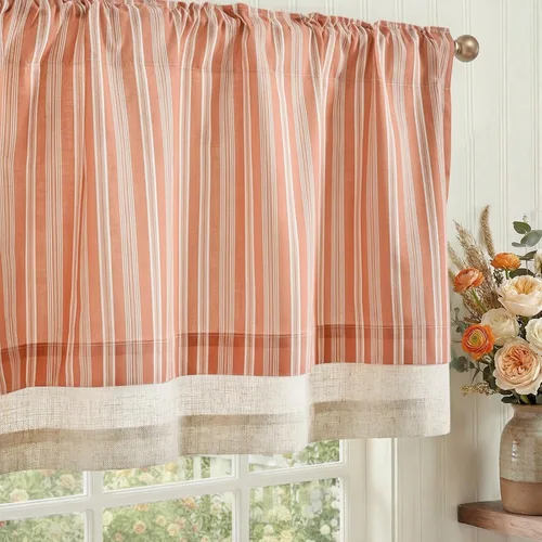 Vista 14 de jinchan Cenefa de Lino a Rayas para Ventanas de 16 Pulgadas Cortinas Opacas para Ventana Pequeña Estilo Granja Cenefa de Doble Capa para Sala