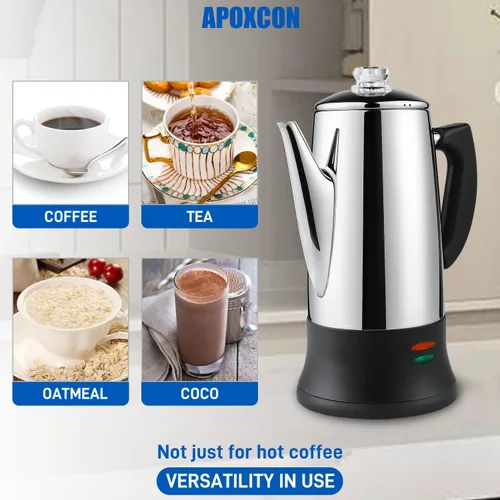 Vista 6 de APOXCON Cafetera Eléctrica de Percolación de Acero Inoxidable con Cuerpo de Vidrio Resistente al Calor, Botón de Progresión de Preparación