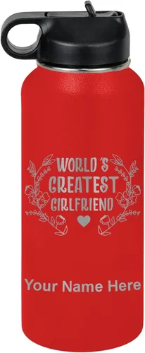 Vista 12 de LaserGram Personalized Water Bottle, World's Greatest Girlfriend, Stainless Steel Double Wall Vacuum Insulated with Flip Top Straw, Custom Engraved
