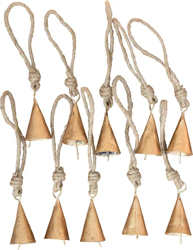10 campanas rústicas de vaca de metal dorado con cuerda de yute de 2 pulgadas, cascabeles pequeños para manualidades, campanas de Navidad, adornos