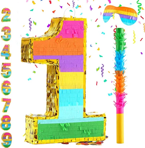 Piñata arcoíris número 1 para decoraciones de fiesta de primer cumpleaños, piñata de cumpleaños con palo, venda para los ojos y confeti, celebración