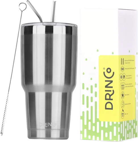 Vista 30 de Drinco - Vaso de acero inoxidable de 20 onzas Taza aislada al vacío de doble pared con tapa, 2 popotes, para bebidas calientes y frías