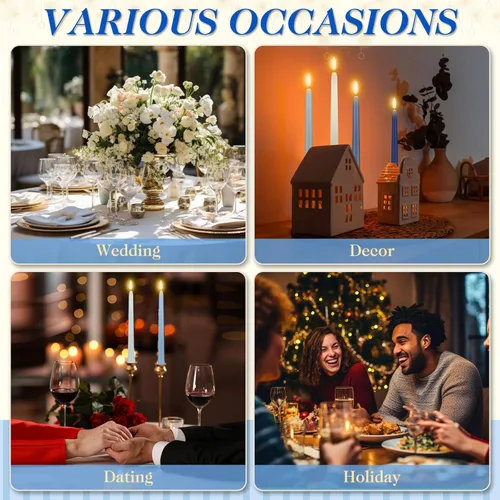 Vista 7 de Baquler 24 Piezas Velas Cónicas Sin Llama de 11'' de Navidad Azules Operadas con Batería Velas LED de Plástico con Degradado Parpadeante Candeleros