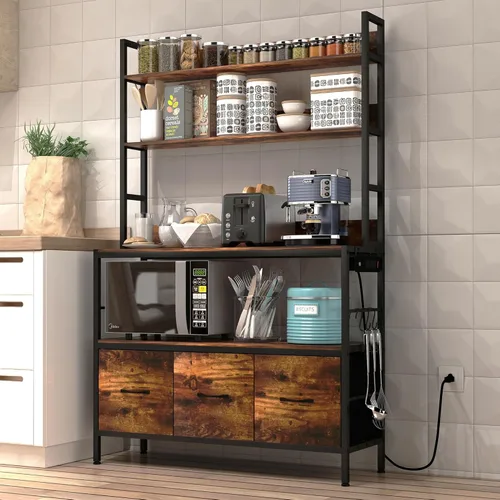 Vista 7 de Estante de cocina para panaderos con cestas, estante de almacenamiento independiente de 5 niveles, soporte industrial para horno microondas, Negro