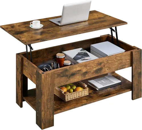 Vista 14 de Yaheetech - Mesa de centro con tapa elevable, compartimento oculto y estante de almacenamiento, mesa de comedor de tablero elevado para sala de Gris